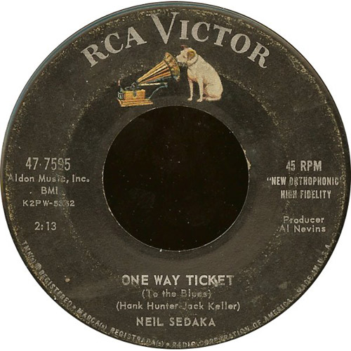 Этикетка второй стороны сингла Oh! Carol Нила Седаки, на которой записана песня One Way Ticket (1959)