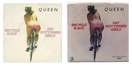 Обложка сингла Queen Bicycle Race — Fat Bottomed Girls. Цензурная и нецензурная версии