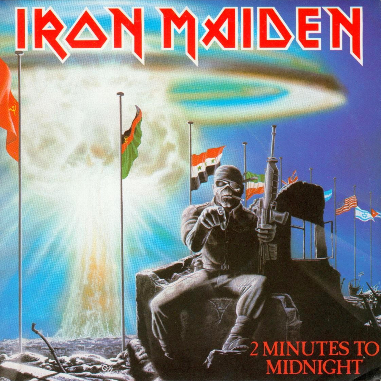 Обложка сингла Two Minutes To Midninght. Винил, 1984. Иллюстрация к песне Two Minutes To Midnight (Две минуты до полуночи) (Iron Maiden)